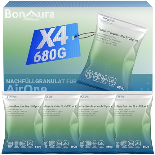 BonAura® AirOne Luftentfeuchter Nachfüllpack I 4er Set 680g Luftentfeuchter Granulat I Entfeuchter...