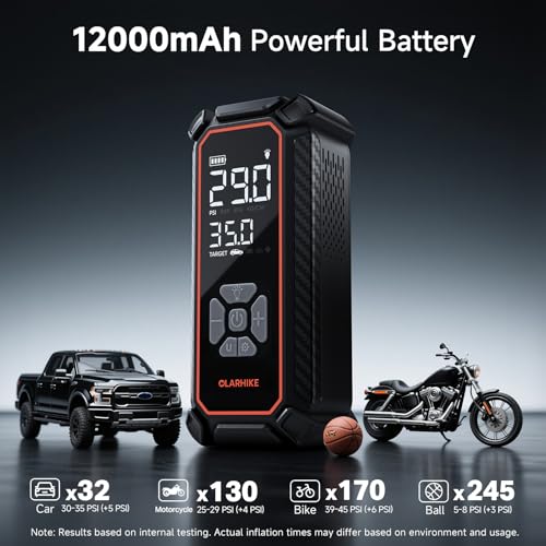Image of OlarHike Cordless Tire Inflator Portable Air Compressor, 3X Fast Inflation,12000mAh Battery, Air Pump for Car Tires, Pickups, SUVs, Electric Pump with Digital Pressure Gauge /Auto Shuttoff, Gift Ideas
