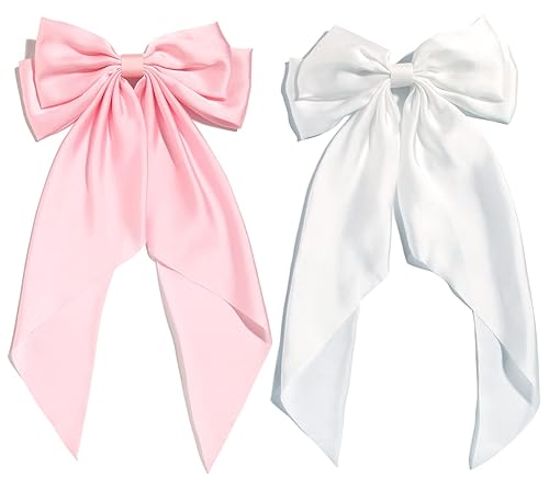 Furling Pompoms Lazos para el cabello para mujer, pinzas de lazo sedoso de satén grande, cinta de cola larga, pasador francés, accesorios para el