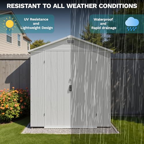 Image of Devoko 6x4 FT Plastic Storage Shed, Outdoor Resin Garden Shed with Floor, Durable Tool Storage Shed with Lockable Door and Window for Patio, Garden, Backyard, Light Gray