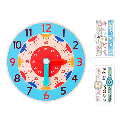 PFLYPF 1 Horloge en Bois, avec 2 Autocollants de Montre, Horloge d'apprentissage en Bois, Horloge pédagogique, Horloge Couleur, Heure, éducation des Enfants