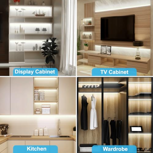Image of JUSJUBR Display Cabinet Lights, 32.8ft 24V Dimmable Cuttable COB LED Strip Lights, Cold White 6000K, Under Cabinet Lighting for Shelves, Bookshelves, Display Cases, Cabinets, Kitchens and Closets