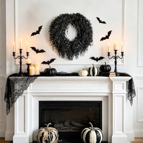 Image of DN DECONATION Halloween Wreath for Front Door, Decorations for Outdoor | 20in, Black Pine Wreath with Berries, Perfect for Fall Halloween Decorations, Farmhouse Home Wall Mantle Door Decor