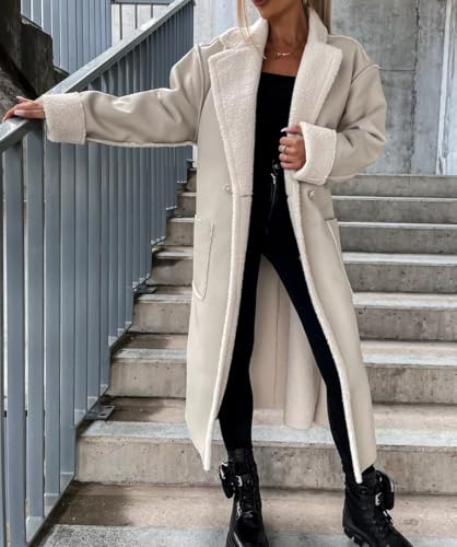 Women Trench Coat Long Loose Jacket Faux PU Leather Lamb's Wool Classic Soft Lapel Overcoat with Belt2