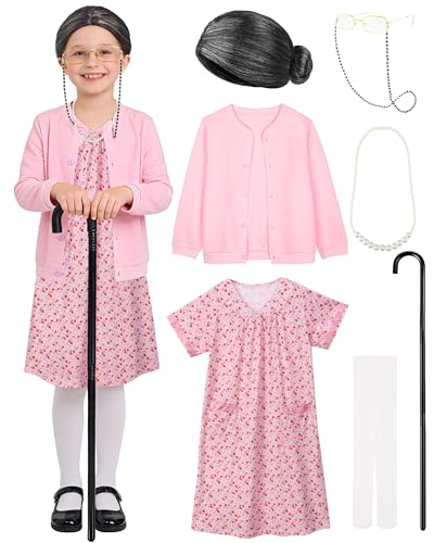 Vivrerizo Old Lady Costume for Girls - 8 Pcs Kids Old Lady Costume for Granny Dress Up Funny Grandma Outfit for 100 Days of School Cosplay