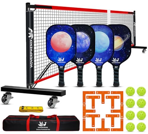Portable Pickleball Set - Wheeled Net, 4 Fiberglass...