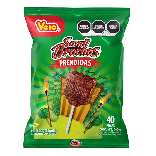 La Mejor Recopilación de Paletas Top 5. 39 Sandibrochas prendida, Paleta de caramelo cubierta con chile. Bolsa 40pz de 16g c/u