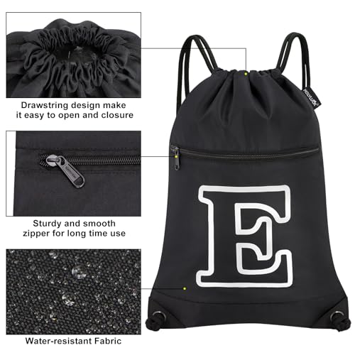 Image of HOLYLUCK Drawstring Bags Initial Backpack Sackpack Cinch Bags for Sports, Gym, Travel, Beach (Black-E)