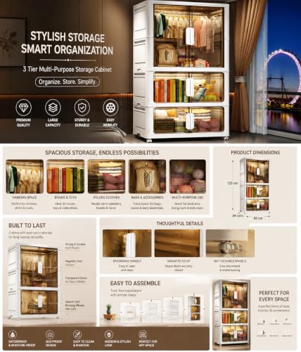 Image of EXVITO Modular Plastic Wardrobe for Bedroom | 3 Tier+1 Bins Foldable Cupboard with Hanging Rod | Stackable Storage Almirah for Clothes with Wheels | Multi-Layer Plastic Storage Cabinet - White