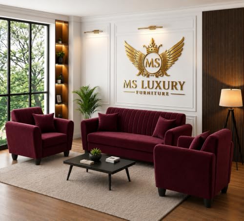 Image of MS Luxury FURNITRE Premium Luster 3-1-1 Sofa Set | 3 Seater | 5 Seater | Velvet Suede Fabric | 7 Colours with Sollid fibare Legs & 4 Cushion Free. (Maroon, 3+1+1)