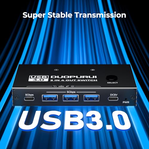 USB 3.0 Switch 2 Computers Sharing USB C & A Devices,Easy One-Click Device Switching with USB-C Cable & USB-A Cable,USB Switch Hub Share Keyboard Mouse Printer Scanner(USB3.0 2in4out)
