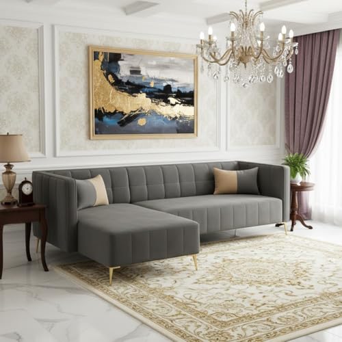 Image of SOCOZI Stylluxe 6 Seater Velvet Fabric LHS L Shape Sofa Set for Living Room |Fabric L Shape Sofa Set for Home & Office (Dark Grey)
