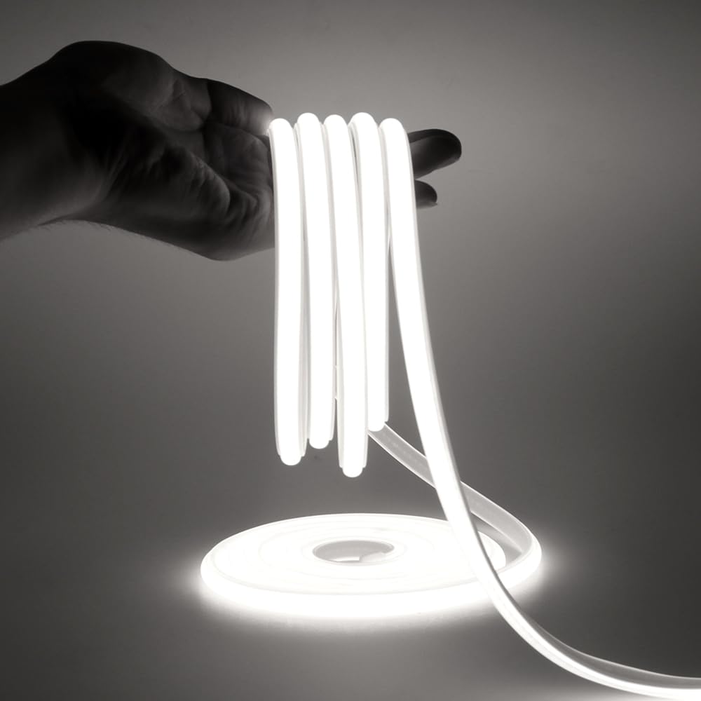 HEGEHE COB Neon Light Strip with 220V Power Cord, Cut to 50cm, 288LED/m Flexible and IP65 Waterproof Silica Gel Rope Light (27m, Cold White)