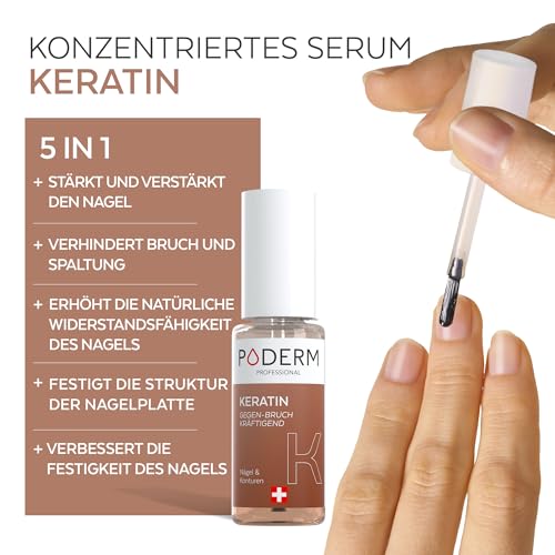 Poderm 5 in 1 Nagel Booster Serum - Keratin | Vorbeugende Anti-Bruch Pflege & Härter zur Stärkung der Struktur brüchiger Nägel - 6 ML | 100% Natürlich - Entwickelt von einem Podologen in der Schweiz