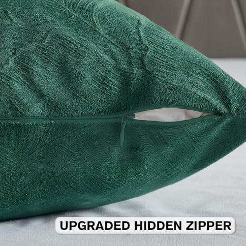 Image of FUTEI Pack of 2 Velvet Throw Pillow Covers 20x20 Inch Soft Embossed Leaf-Relief Textured Decorative Cushion Cases Modern Natural Farmhouse Accent for Couch Bed Living Room, Dark Green