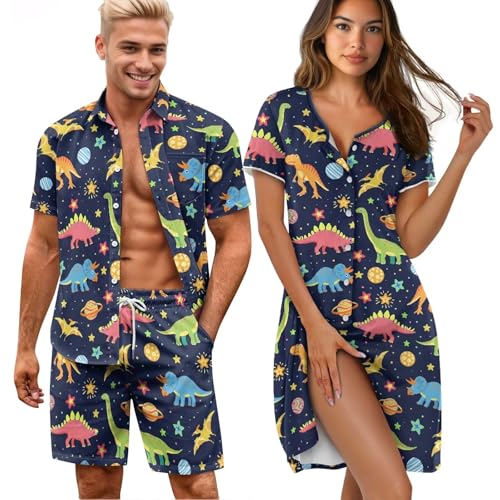 Dngkaoje Womens Blue Dinosaur Pajamas Matching Pajamas for Couples Pjs Matching Sets Adults Funny Comfortable Summer Nightgowns for Women Plus Size Short Sleeve Button Up Night Gown L