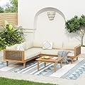 Janusline 4-Piece Outdoor Acacia Wood Sofa Set with Cushions, Premium Waterproof Outdoor Sectional Sofa Set, All-Weather Patio Conversation Sets with Coffee Table for Backyard Poolside, Teak + Beige