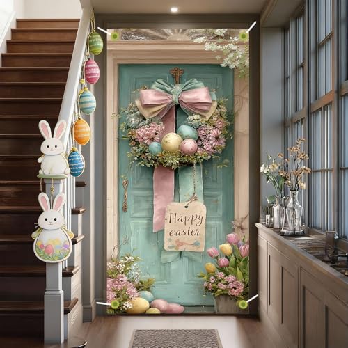 Image of Easter Door Cover 35.43 x 70.87 Inch Pastel Ribbon Wreath with Decorative Eggs Vintage Door Scene and Spring Florals Ideal for Seasonal Holiday Entryway Decoration
