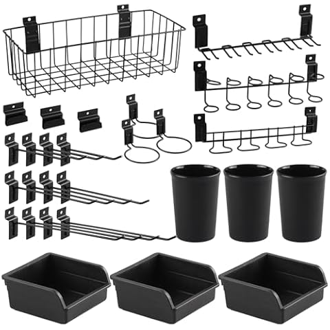 MUZIK 28 Pcs Slatwall Accessories Organizer Kit with Slatwall Bins, Slatwall Baskets, Slatwall Hooks, Slatwall Cups With Loops, Slatwall Screwdriver Holder for Organizing Garage Cover