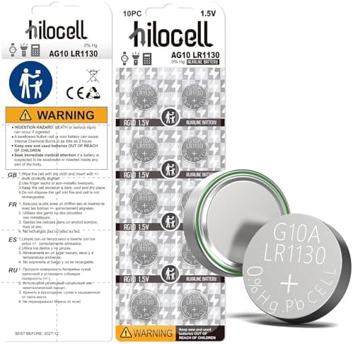 hilocell LR1130 Batteries 10 Pack, AG10 Button Cell Battery, 1.55V Long Lasting AG10 Alkaline Coin Batteries Replacement for Calculator Watches DLR1130 L1131 LR54 SR1130 RW89 G10A GP389