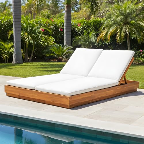 Christopher Knight Home Toridan Double Chaise Lounge Outdoor with Cushion Acacia Wood Patio Chaise Lounge Set of 2 Adjustable Backrest Poolside Sun Lounger Wood Sunbathing Chair Teak+White