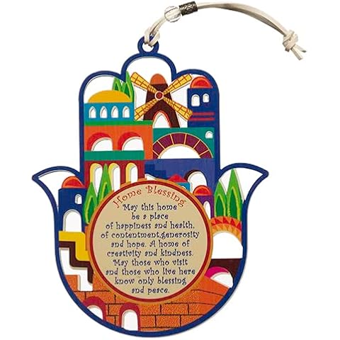 MASORET Wood Multicolor Hamsa English Home Blessing Jerusalem 6.7" Good Luck Wall Decor Hamsa Cover