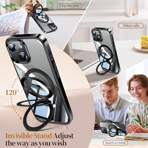 Image of ESTPEAK Titanium Black CD Mag-Stand Case for iPhone 15 Case with Invisible Magnetic Ring, [Fit for MagSafe] [Never Yellowing] Top Clear Phone Case Cover for iPhone 15 6.1 inch Men Women