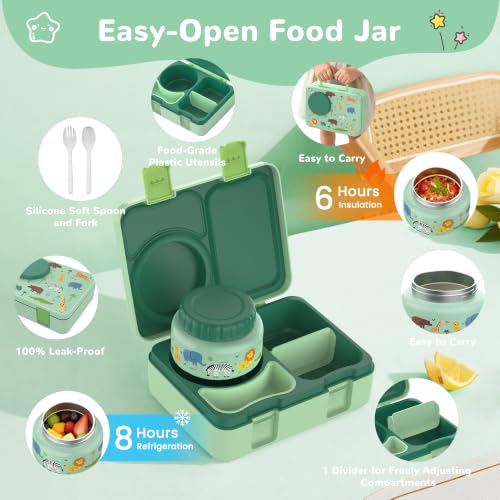 Image of Bento Box for Kids, Leakproof Kids Lunch Box with 8.5OZ Thermo Food Jar & Lunch Bag, 3-4 Compartments Toddler Insulated Lunch Box for Boys, BPA Free Lunch Containers for School Daycare