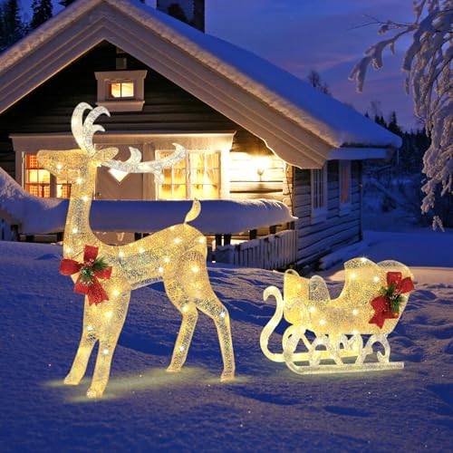 SOARS Led Rentier Outdoor mit Schlitten, beleuchtete Rentier mit 100...