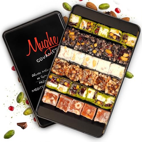 Mughe Gourmet Caja de regalo de delicias turcas gourmet surtidas Delicia turca de Pistacho, naranja, avellana y almendra - 650gr/1.43lbs - Halal y vegetariano - Regalos perfectos para cumpleaños y más