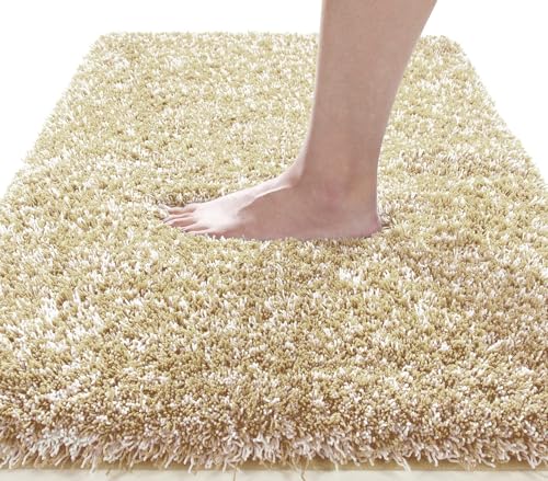 Yimobra Fluffy Plush Bath Mat, Super Soft Comfortable Non Slip, Water Absorbent Microfiber Bath Mat, Dries Quickly, BeigeMachine Washable Thick Bathroom Floor Rugs for Shower, Beige, 92 x 61 cm