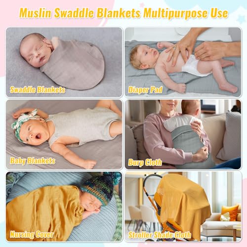 Sublaga 3Pcs 47x47 Baby Muslin Swaddle Blankets for Boys Girls + 3Pcs 20x10 Muslin Baby Burp Cloths, Baby Swaddle Receiving Blankets Large, Soft Breathable Muslin Baby Blanket for Unisex Newborn