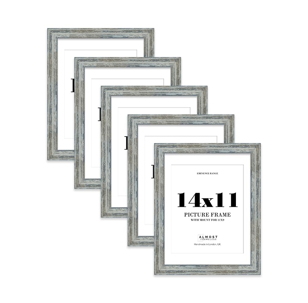 14x11" Distressed Blue Picture Frame with 11x9" Mount - Aged Photo Frame with Distressed Finish, Wall Hooks and Kickstand, 32mm Edge - 5 Pack