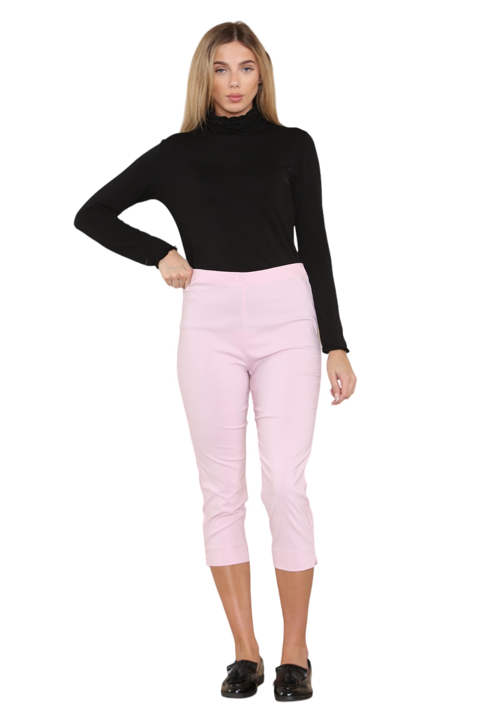 Wearall Women's Pink Cropped Trousers For Uk Capri Trouser Summer Pants Short Crop Stretch 3/4 Length Three Quarter Pedal Pusher Clothes Elasticated Bengaline Cut Off 16
