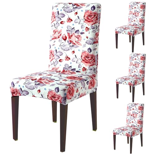 Image of HOKIPO Premium Printed Velvet Chair Cover Set of 4 for Dining Table, Red Cottage Rose (AR-5794-D6*4)