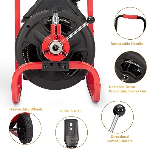 KIMORE Drain Cleaner Machine - 100Ft x 3/8 Inch, Auto-feed Electric Drain Auger for Plumbing with 6 Cutters, Glove, Commercial sewer snake Drill Drain Auger Cleaner for 2‘’- 4‘’(50-100mm) Pipes