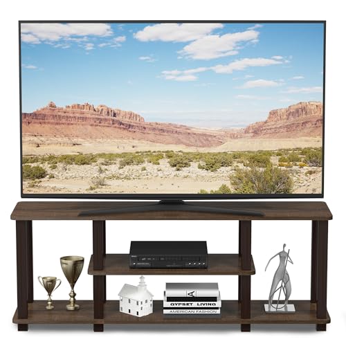 Image of Furinno Turn-N-Tube No Tools 3D 3-Tier Entertainment TV Stand up to 50 inch TV, Square Tubes, Walnut /Brown | for TV up to 50 Inch, No Tool Rectangular Entertainment Center, TV Console, for Living Room, Bedroom