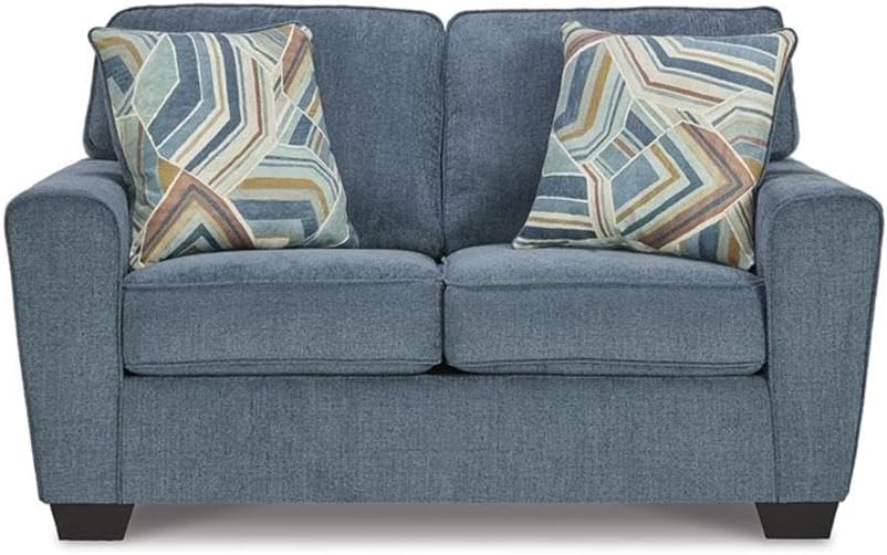 BOWERY HILL Contemporary Polyester Loveseat, 63" W x 38" D x 39" H, Blue Upholstery, Corner-Blocked Frame, Accent Pillows Included, Faux Wood Finish, 2-Seater Sofa for Living Room
