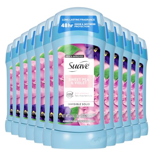 Suave Antiperspirant Deodorant For Women, Invisible, Underarm Deodorant, 48hr Odor & Wetness Protection, Sweet Pea & Violet Fragrance, Sensitive Skin Deodorant Solid Stick, 2.6 oz (12 Bulk Pack)