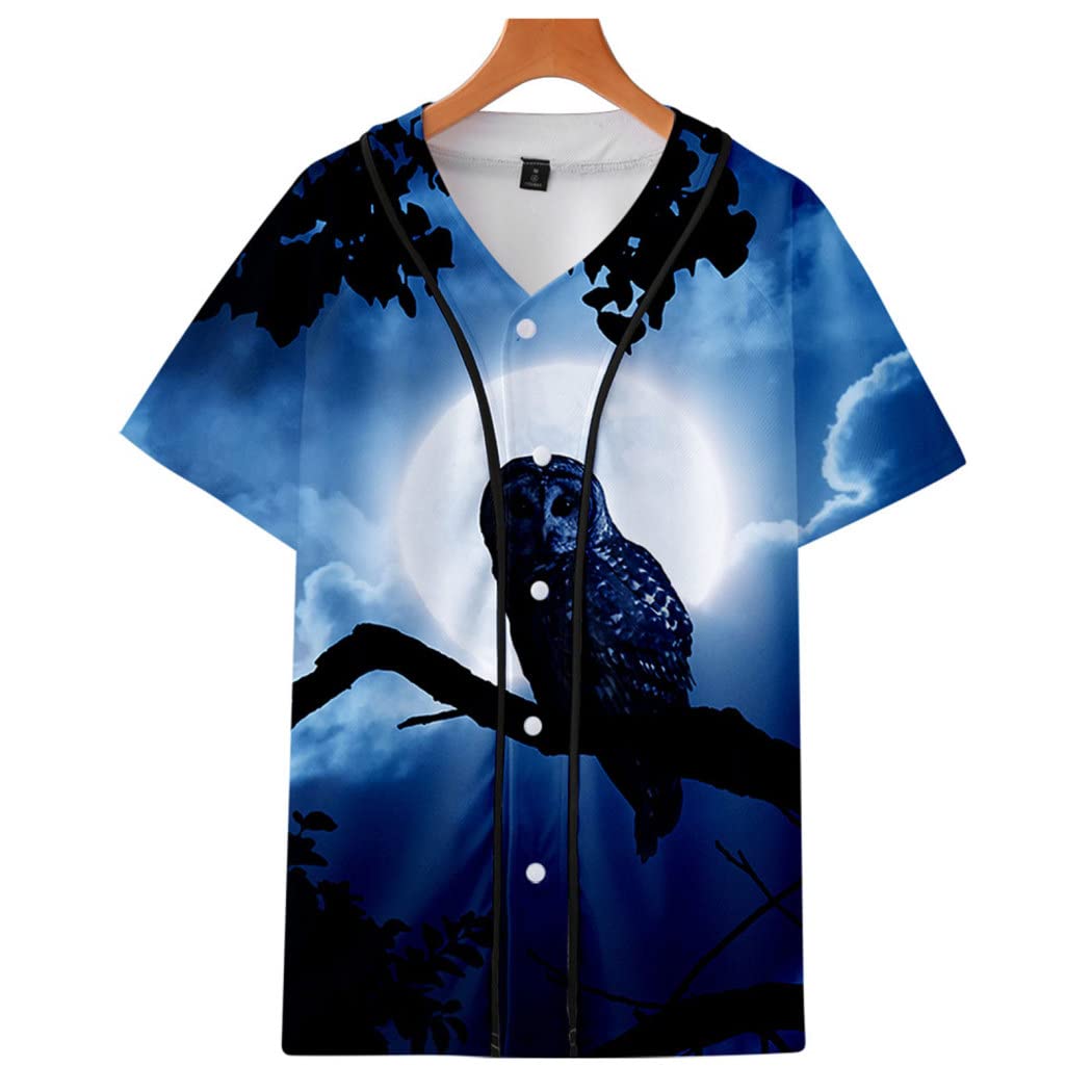 NO ONEMen's Summer Shirts Owl Pattern Short Sleeve Baseball Jerseys Button Down T-Shirt