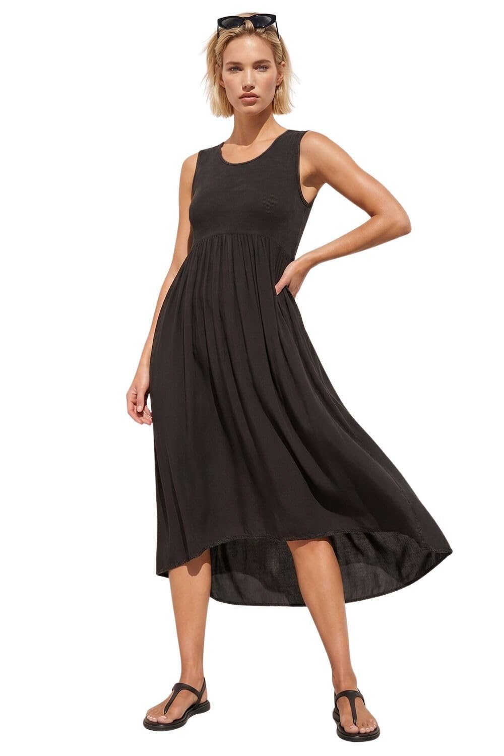 Roman Women's Black Ribbed Stretch Midi Dress In Size 16