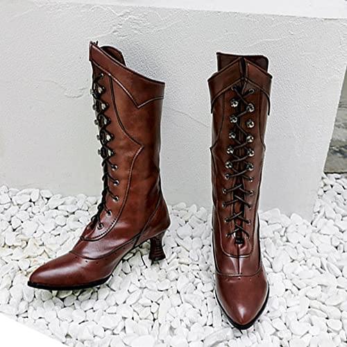 Women's Lace-Up Heel Boot Gothic Vintage Mid Calf Boots Chunky Heel Pointed Toe Western Cowboy Boots Witch Costume Boots (Brown,6) #TOP1