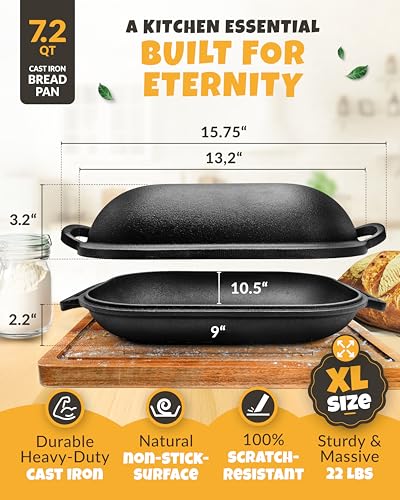 Image of CRUSTLOVE Cast Iron Bread-Pan with Lid - incl. Sourdough Bread Baking Supplies - like Banneton Bread-Proofing Basket - 7.2QT Bread-Oven Dutch, Oven for Bread-Baking Cast Iron Pan Scoring Tool Lame Kit