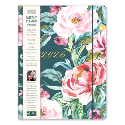 Orange Circle Studio Academic Planner 2026, Bella Flora, Just Right Monthly Planner, To-Do List Notebook, Appointment Book w/Storage Pocket & Elastic Closure, Composition Notebook, 17-Month