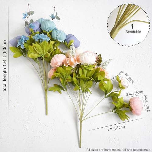 Image of FiveSeasonStuff Vintage Artificial Peonies Silk Peony Flowers and Hydrangeas for Wedding Bridal Home Decor - Beautiful Floral Centerpiece Arrangement with 2 Bouquets (Tranquil Blue and Pink Mix)