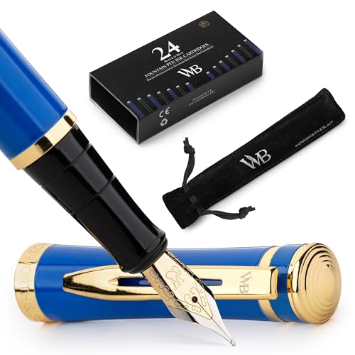 Image of Wordsworth & Black Luxury Fountain Pen Set for Writing, Medium Nib, Blue | Gift for Men & Women, Brass Body, 18K German Iridium, Calligraphy, Converter + 24 Ink Cartridges, Refillable, Leak-Free