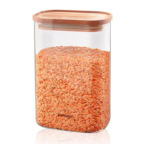 Image of Borosil 1.3L Storage Jar Set with Bamboo Lid | Made in India Borosilicate Glass Dishwasher Safe Container for Kitchen | Multipurpose Kitchen Organizer for Cookie & Dals
