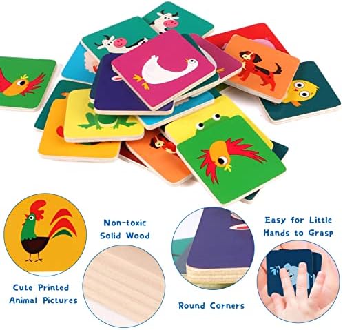 Toyssa 30pcs Wooden Memory Games for Kids 2 3 4 Years Cute Animal Matching Cards Educational Learning Toys Preschool Toddler Memory Games for Children Boys Girls