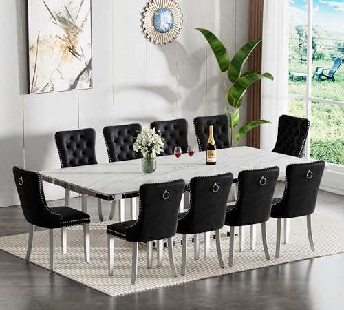 Image of Modern 63 inch-94 inch Rectangular White Faux Marble Extendable Dining Table for 6-10, Luxury Rectangular Dining Room Table, Kitchen Dinner Tables with Marble Veining Tabletop & Mirror Acrylic Base