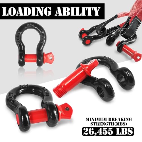 Image of 1 /2 inch D Ring Shackle with 5 /8 inch Screw Pin, 2T Working Load Limit (WLL) / 12T (26,455 lb) Minimum Breaking Strength (MBS) for Tow Strap Winch, Off-Road Vehicle Recovery (Black /Red, 2 Pack)